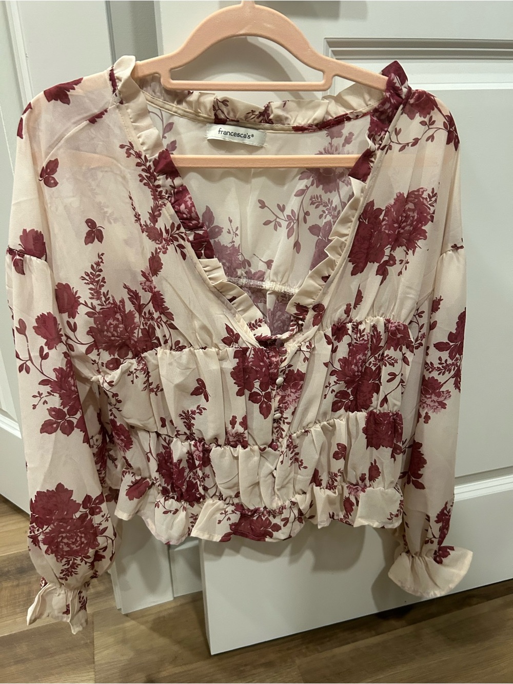 Francesca's Collections Cream Blouse with Burgundy Floral Print